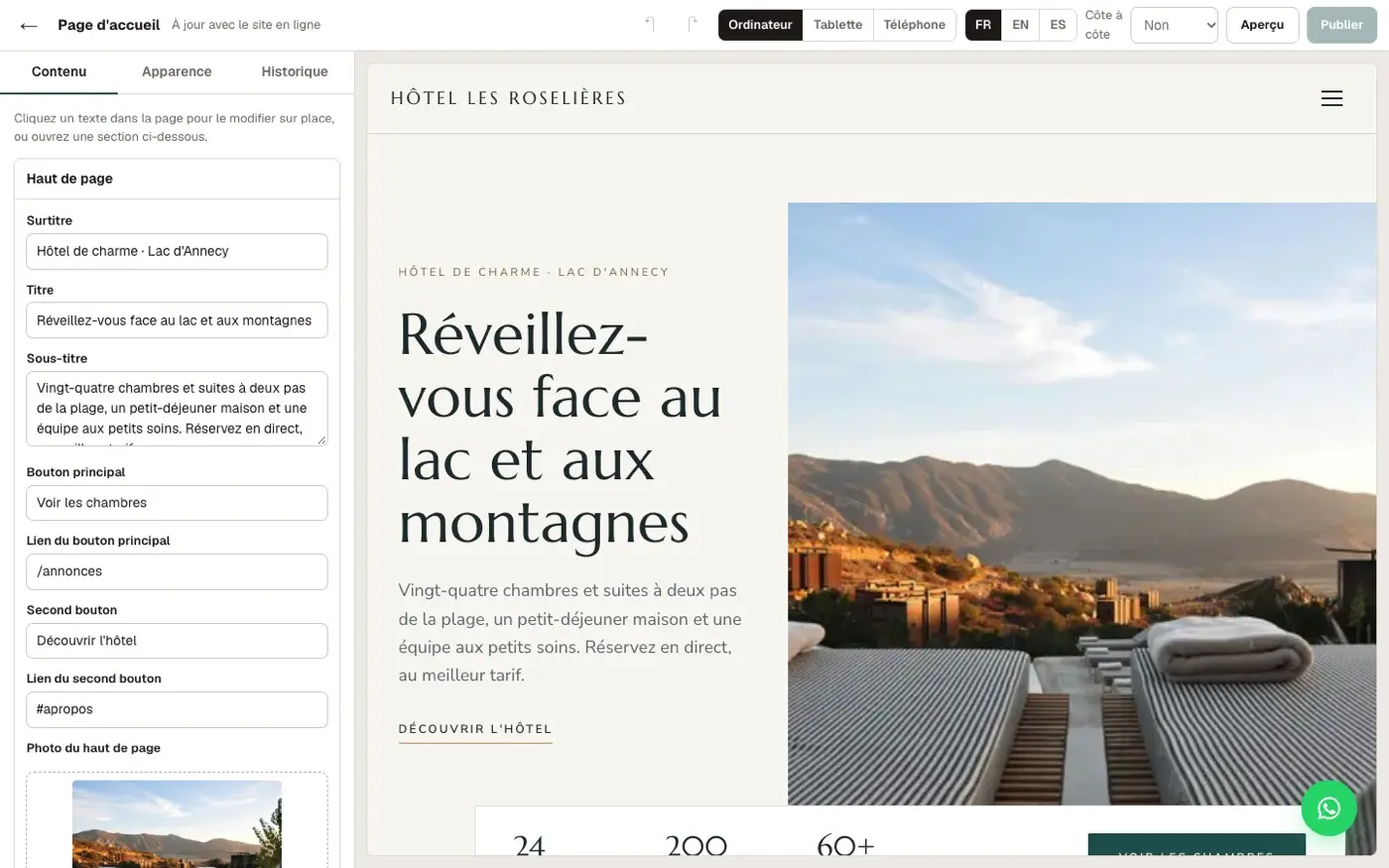 Éditeur visuel : un titre modifié directement dans la page